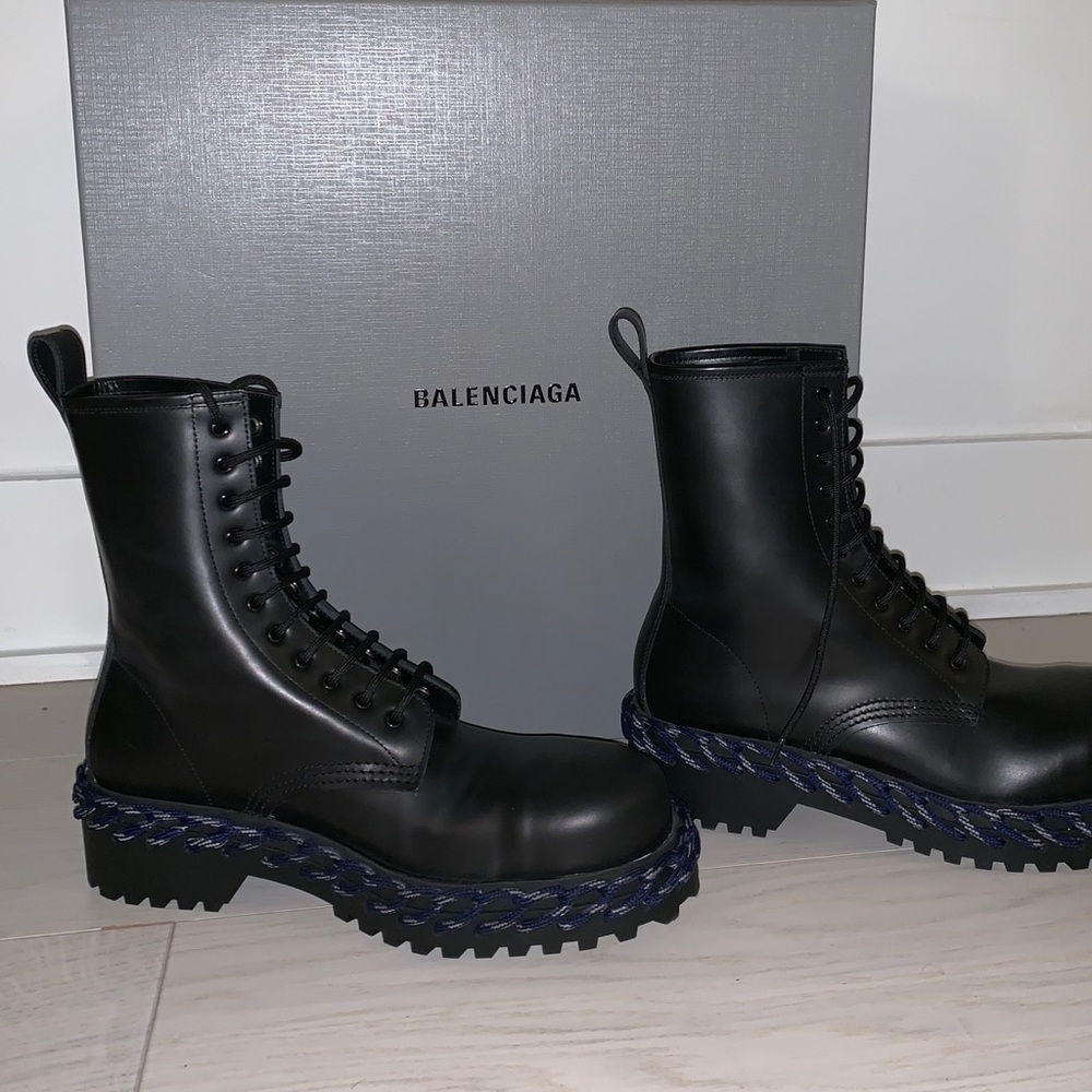 Balenciaga Black Leather Combat Boots with Rope